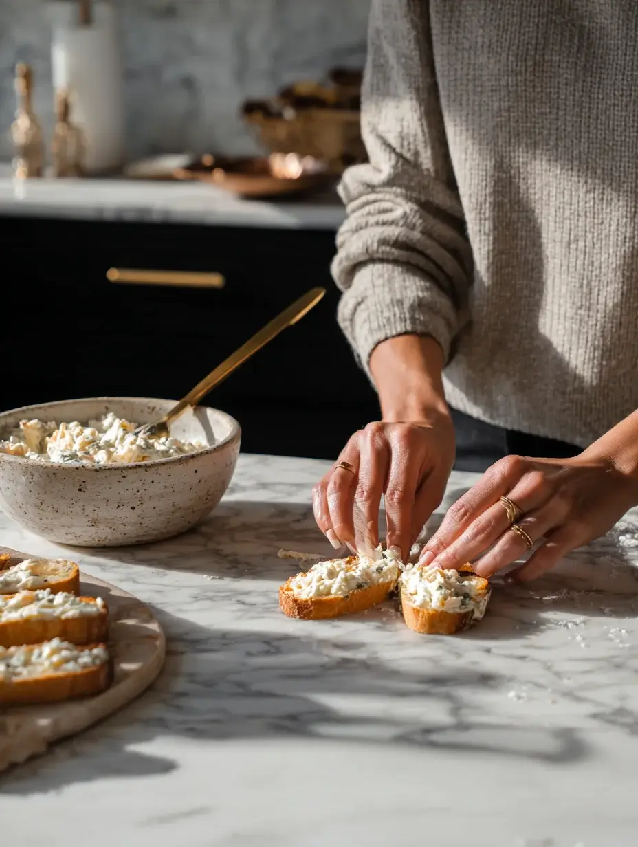 Hands spreading creamy crab mixture onto toasted baguette slices