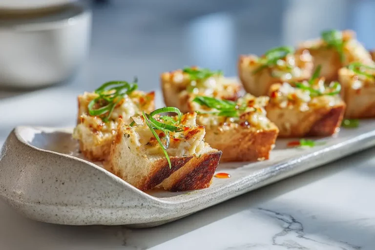 Crab Rangoon Garlic Bread slices garnished with green onions on ceramic platter