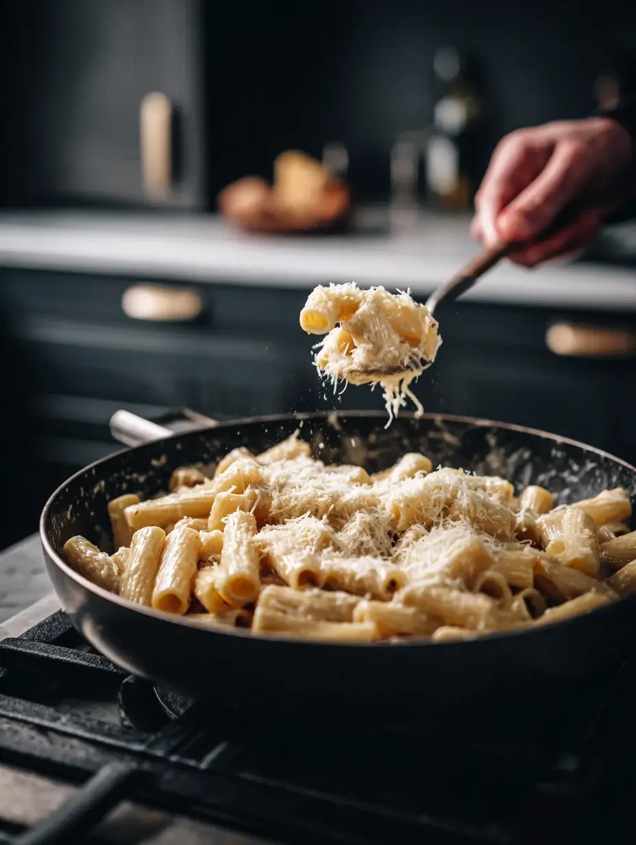 Creamy French onion pasta being stirred with Parmesan