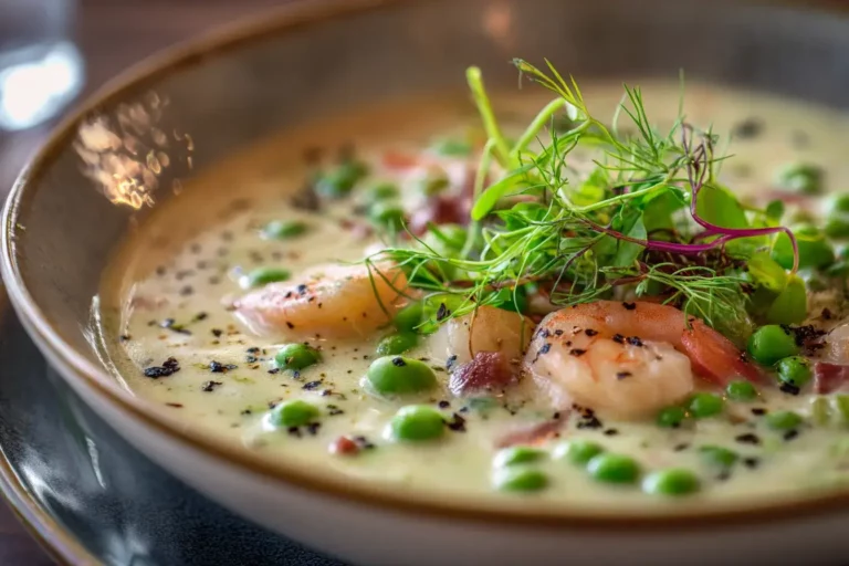 Creamy shrimp chowder with sweet peas and fresh herbs