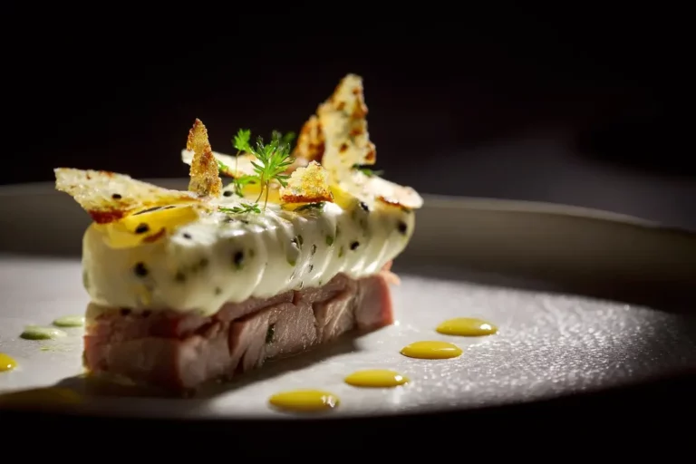 Duck confit terrine topped with herb potato mousse, crispy Parmesan shards and citrus gel
