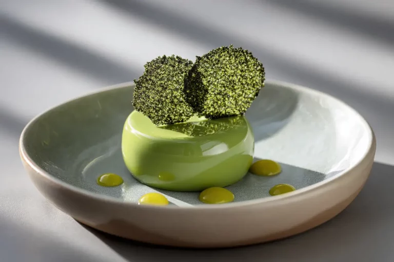 Silken matcha custard with sesame tuile on ceramic plate
