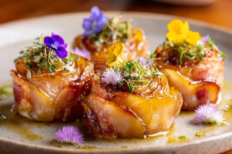 Golden honey glazed chicken roses with edible flowers and herbs