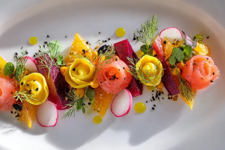 Smoked salmon rosettes with tortellini, citrus, and beetroot on white plate