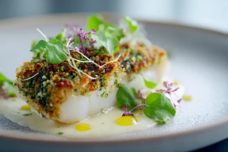 Herb crusted line-caught sea bass with lemon velouté and microgreens