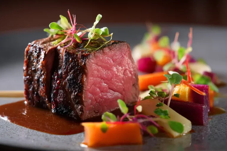 Seared beef tenderloin with rich jus and root vegetables