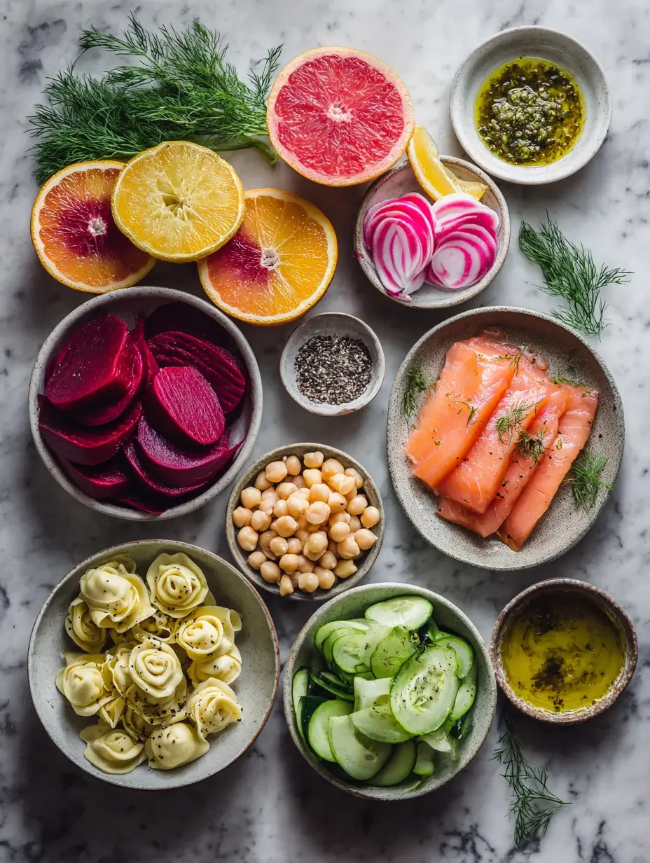 Fresh ingredients including smoked salmon, tortellini, citrus, beetroot, chickpeas, and cucumber