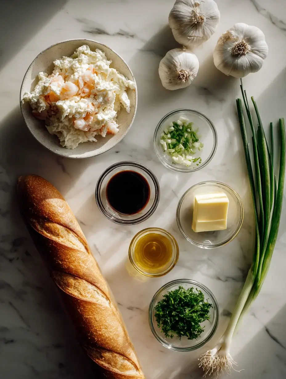 Ingredients for Crab Rangoon Garlic Bread arranged on marble countertop