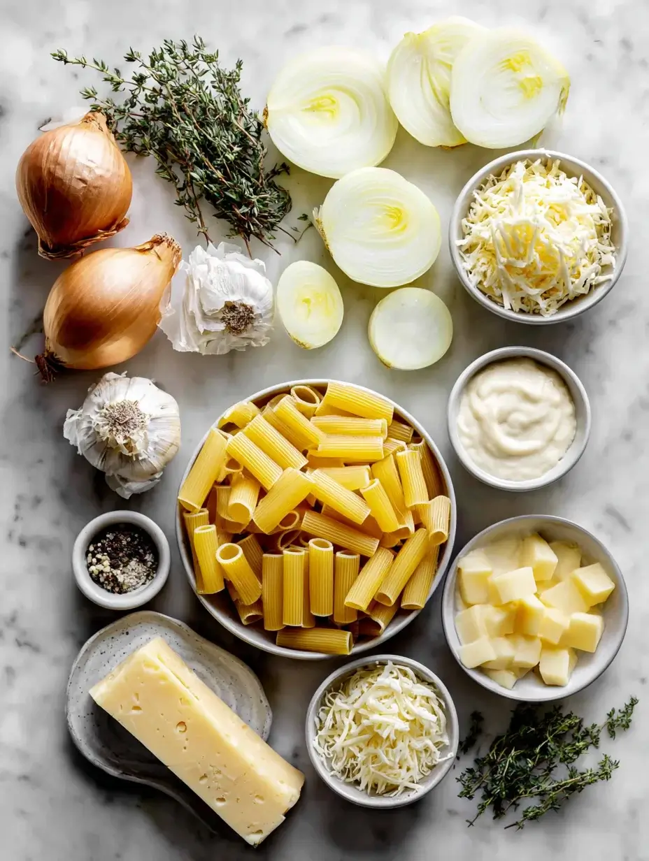 Ingredients for viral French onion pasta on marble countertop