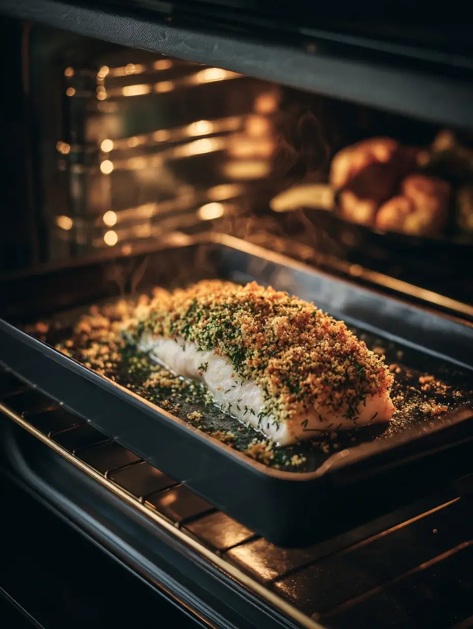 Line-caught sea bass with herb crust baking in oven