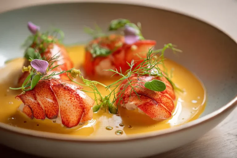 Lobster medallions with saffron bisque in elegant plating