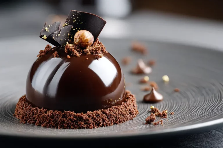 Hazelnut Praliné Sphere with glossy chocolate glaze and cocoa soil