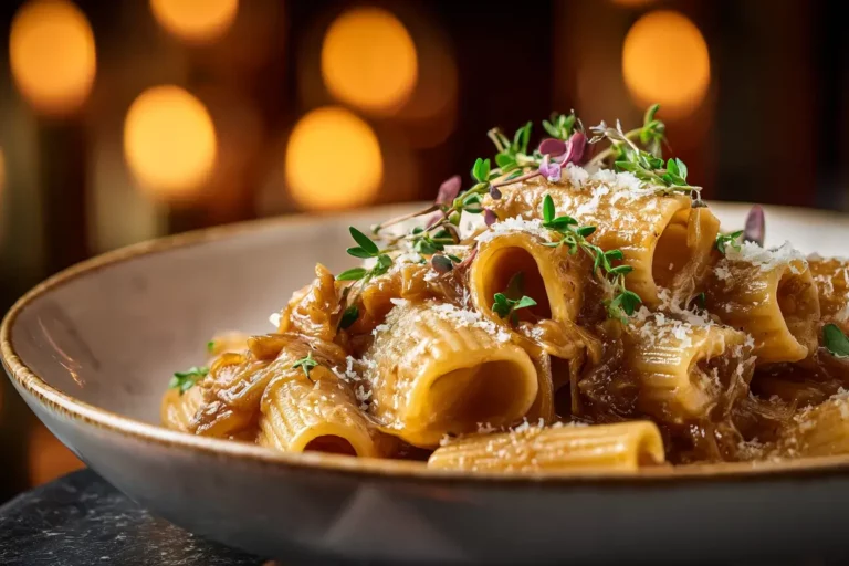 Creamy French onion pasta with caramelized onions and herbs