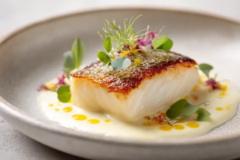 Seared sea bass with crispy skin served on citrus beurre blanc with herb oil and microgreens