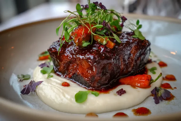 Slow-braised beef with pomegranate glaze on creamy purée