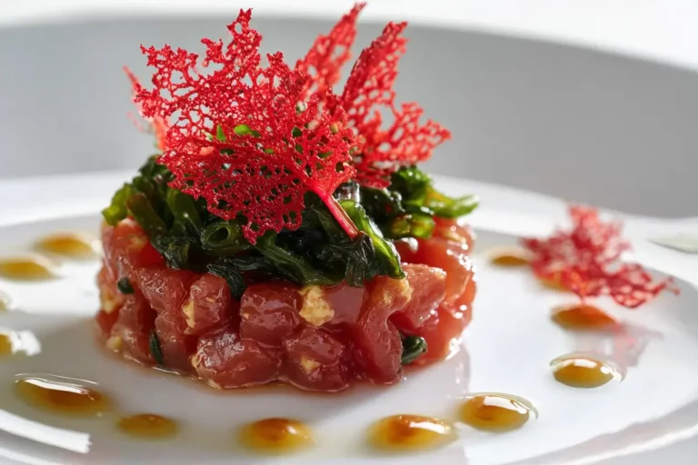 Tuna tartare with seaweed salad and red coral crisp on white plate