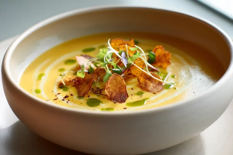 creamy roasted root velouté with truffle swirl and vegetable chips