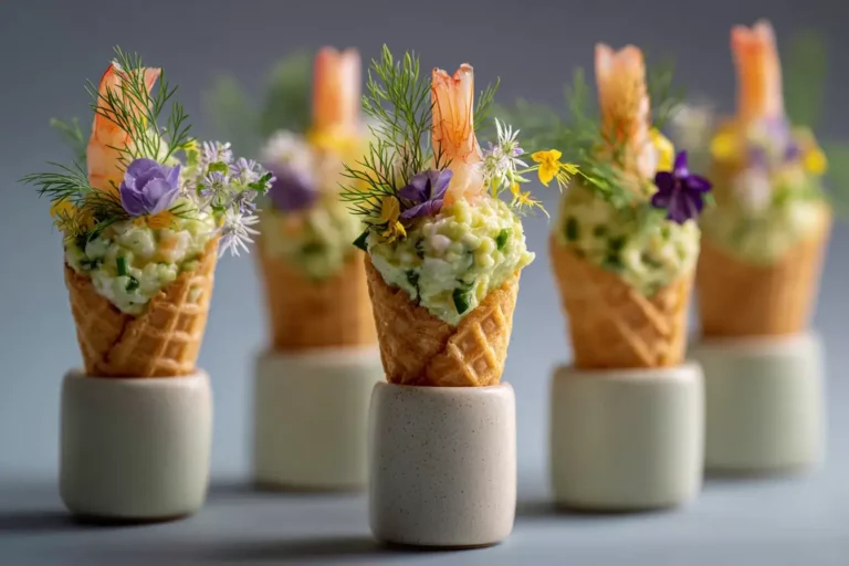 Mini Cones with Shrimp avocado mousse and edible flowers