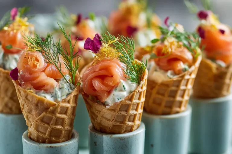 Mini cones with smoked salmon and dill cream appetizer