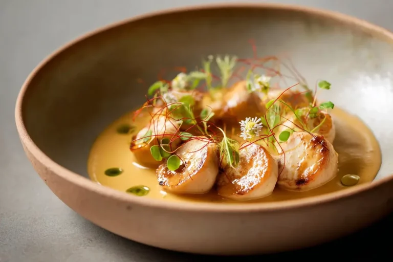 Seared chicken breast medallions with coconut curry velouté and micro herbs