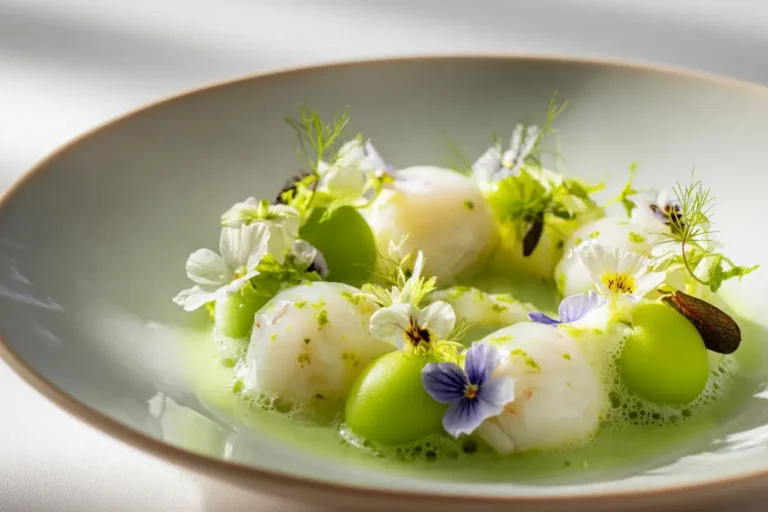 Crab avocado green tea foam plated in a fine dining style bowl