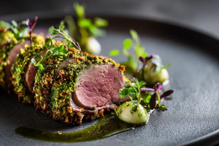 Herb-crusted lamb saddle sliced with garlic sauce and greens