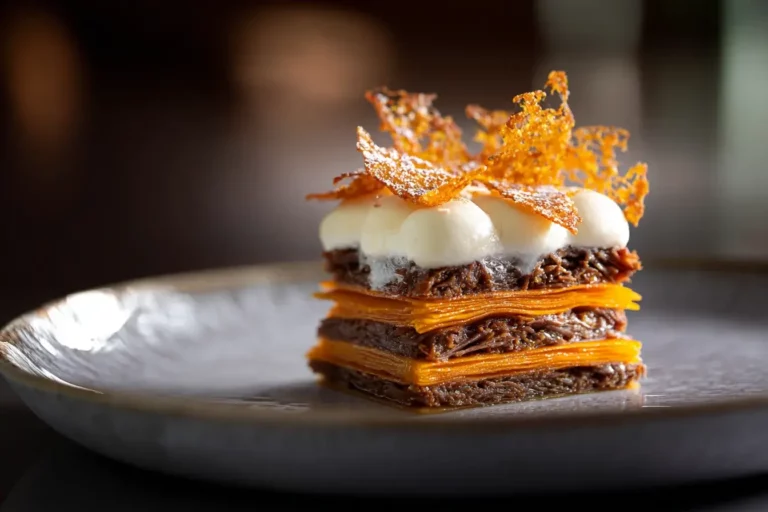 Short rib and sweet potato mille-feuille layered with parmesan cream and crisp garnish