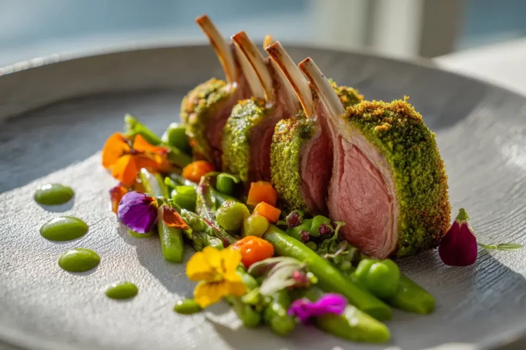 Herb crusted rack of lamb with spring vegetables and pea purée