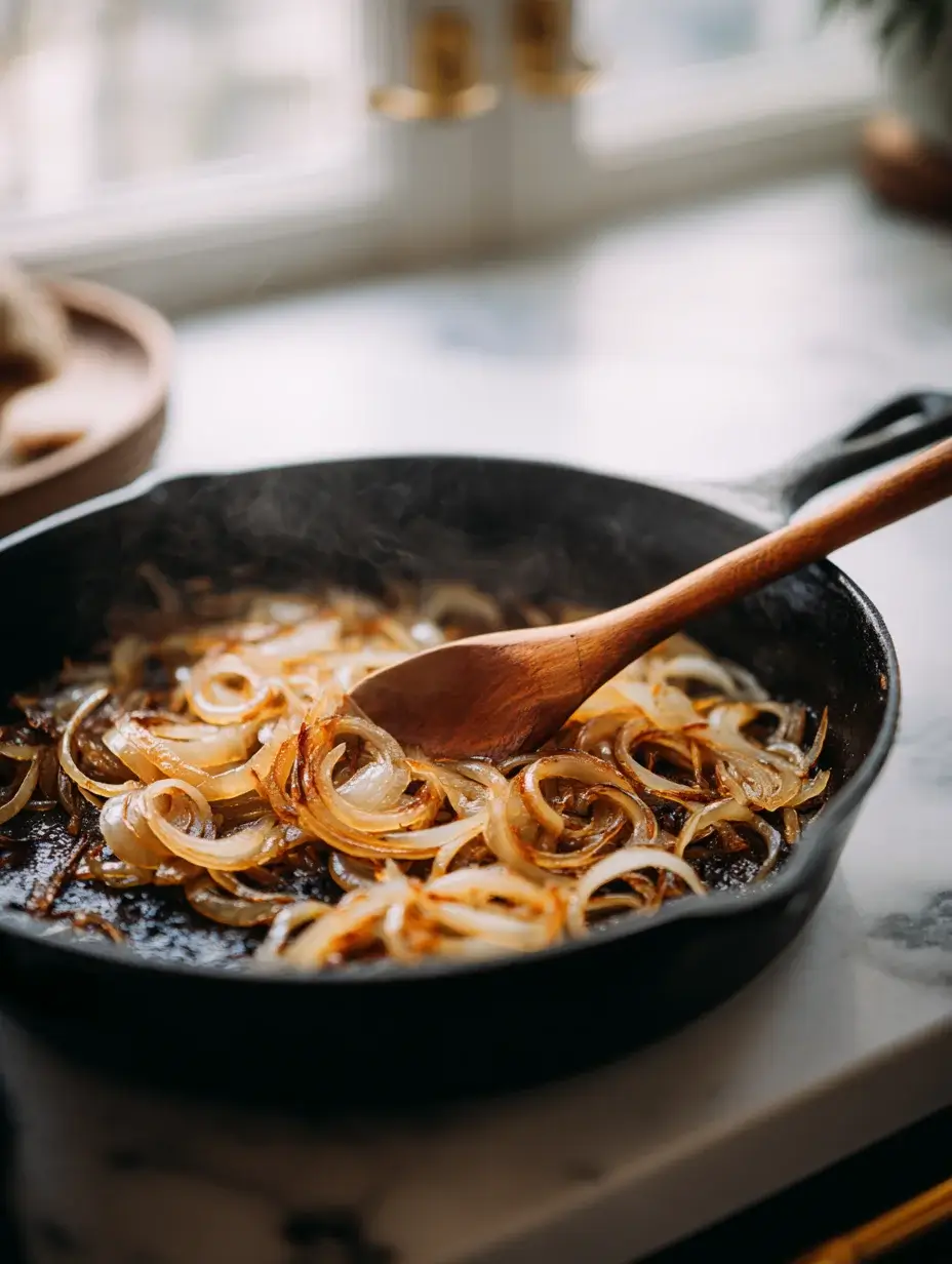 Onions caramelizing in skillet for French onion pasta