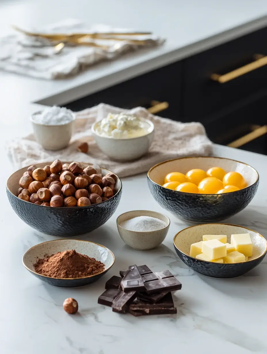Ingredients for Hazelnut Praliné Sphere arranged in bowls on marble countertop