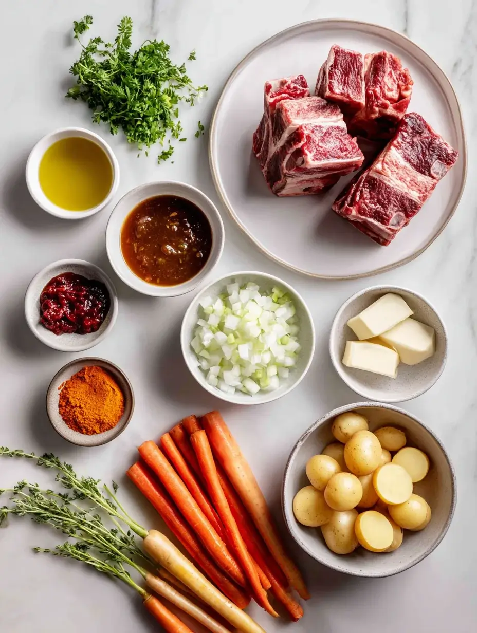 Ingredients for slow-braised beef arranged in bowls on marble surface