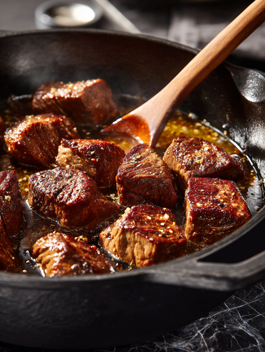 Beef cubes searing in a skillet for Braised Beef Parmentier