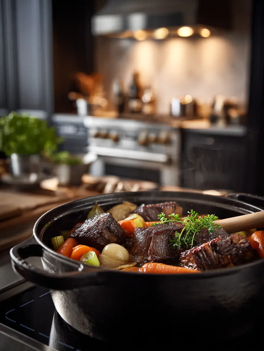 beef short ribs braising in dutch oven with carrots onions and herbs