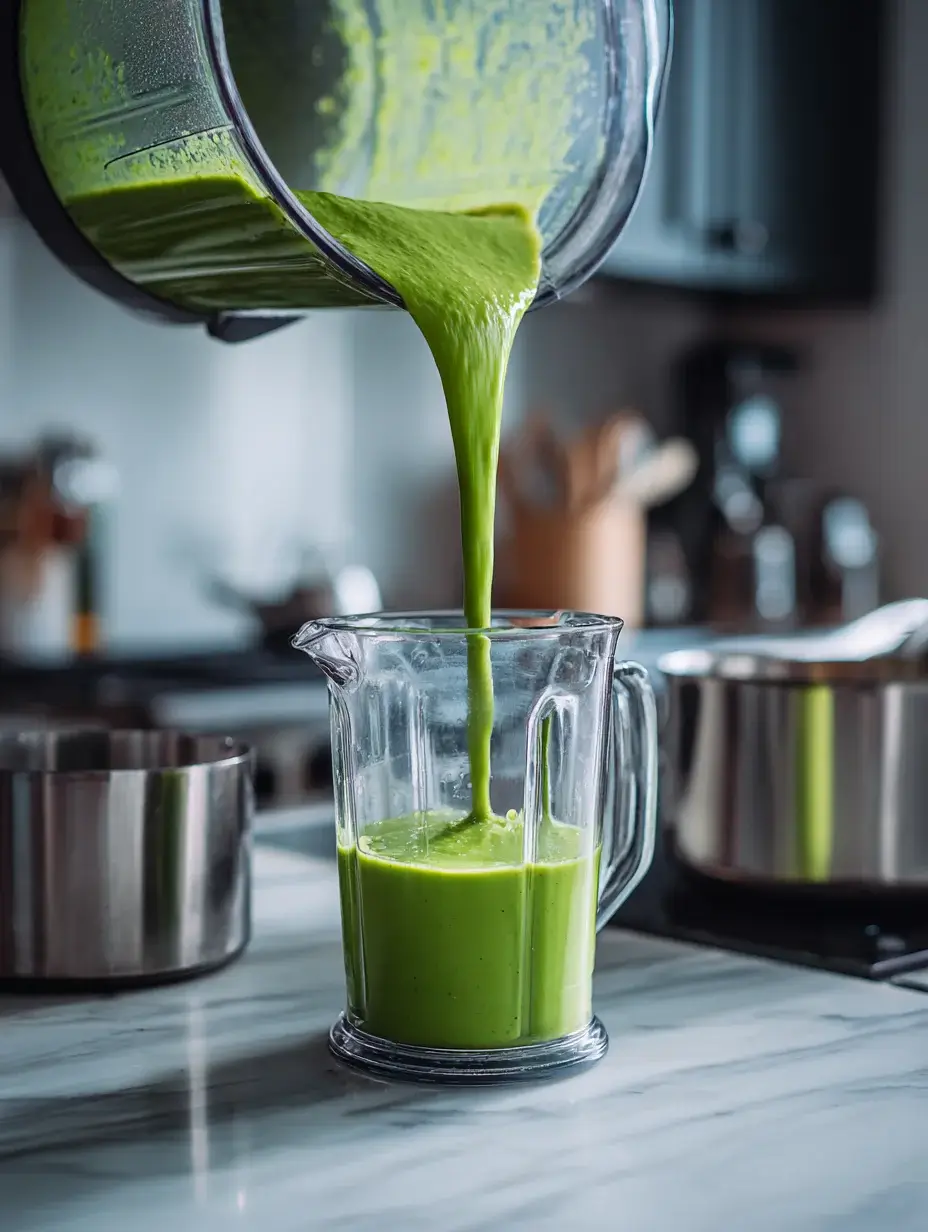 Pouring blended green pea velouté soup from blender into glass jug