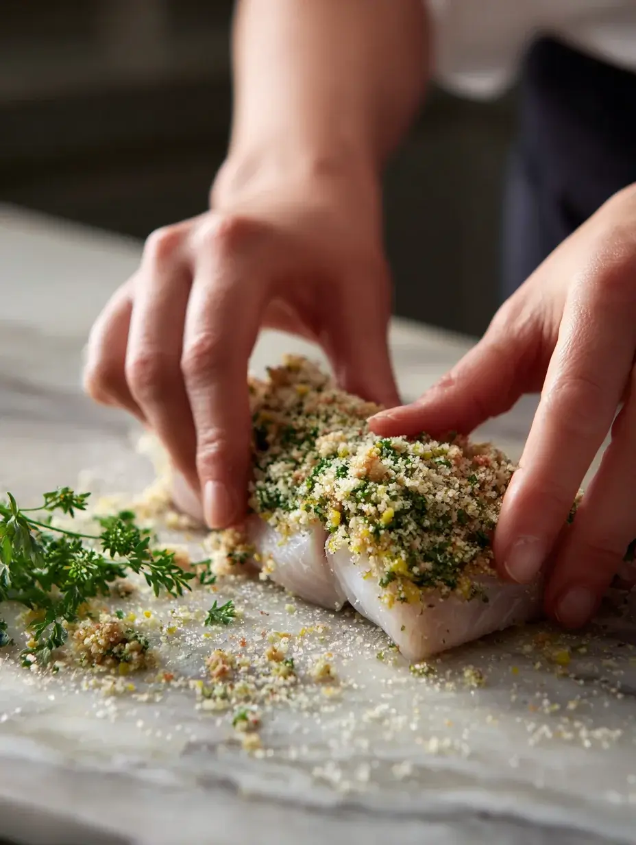 Hands pressing herb crust onto line-caught sea bass fillet