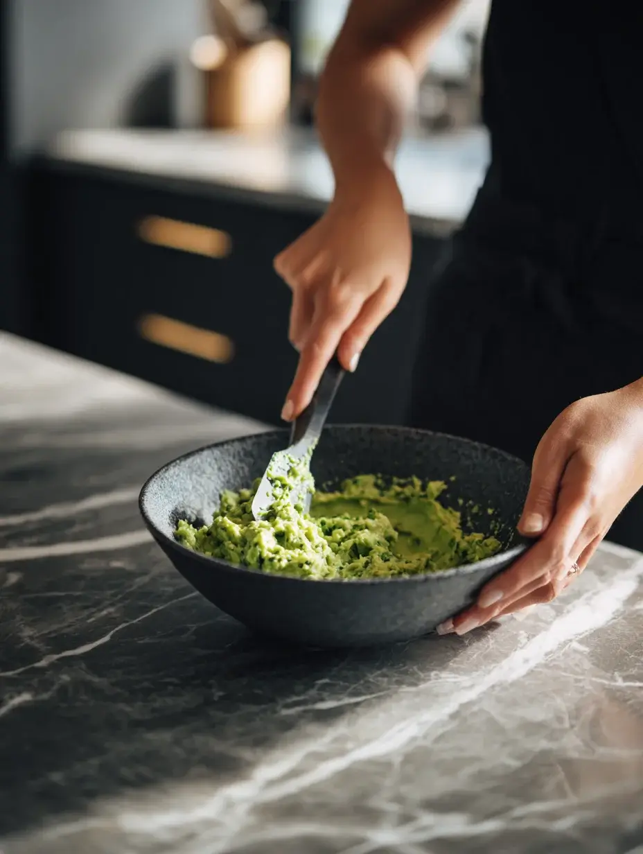 Chef mixing avocado mousse in bowl on marble kitchen counter