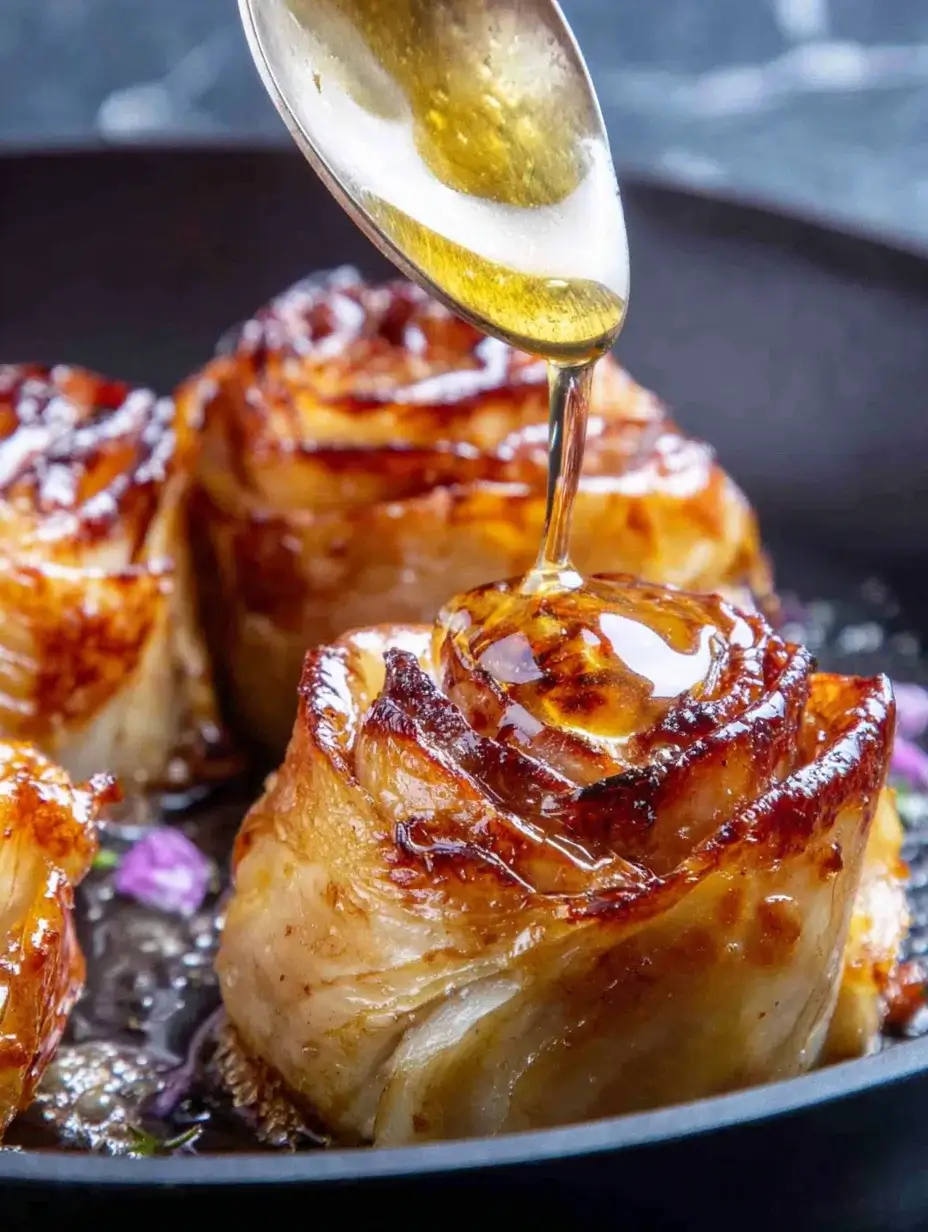 Honey glaze being poured over golden chicken roses in a pan