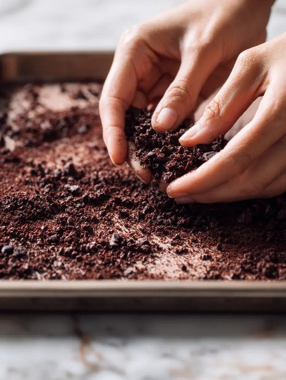 Hands breaking chocolate cocoa soil crumbs on baking tray