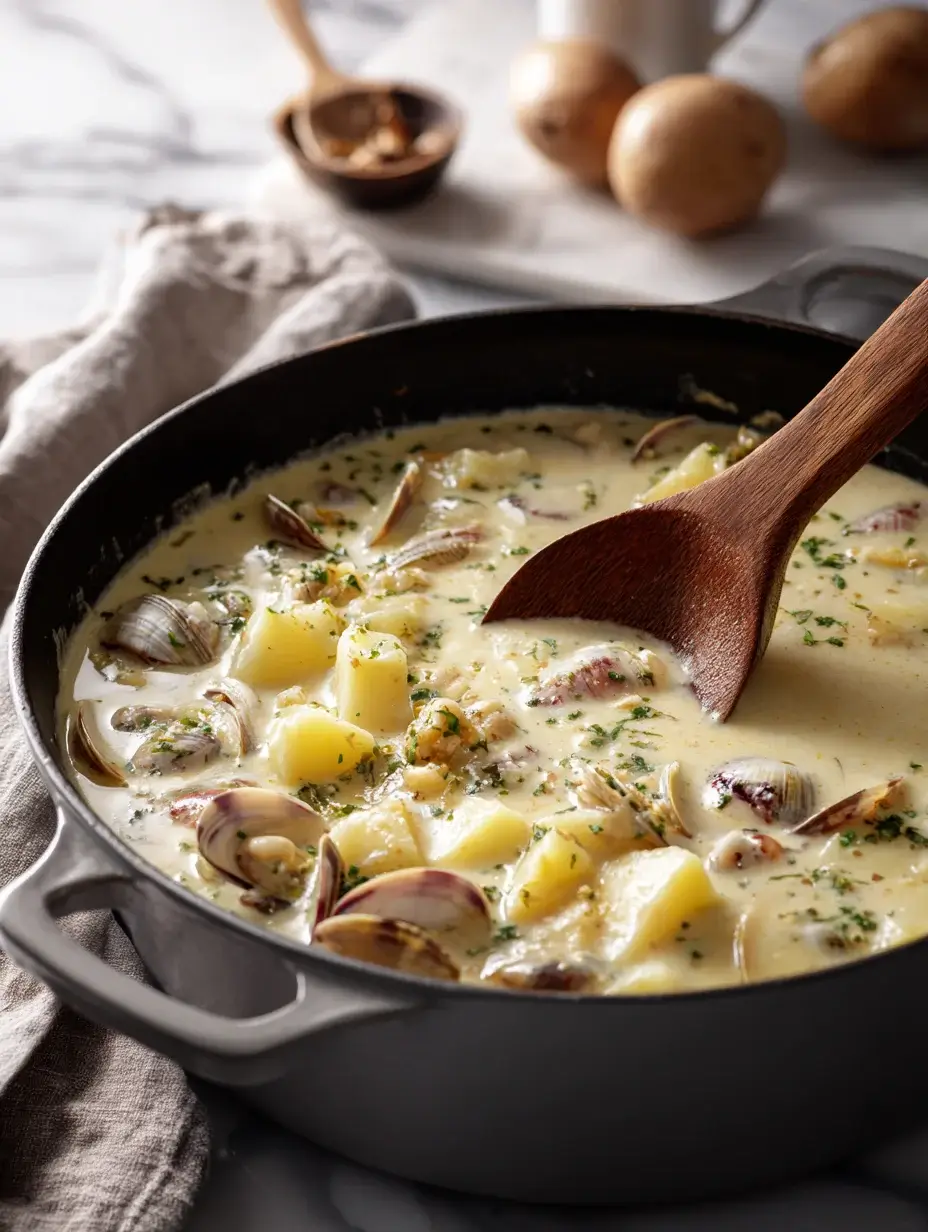 Creamy New England clam chowder simmering with potatoes and clams in a pot
