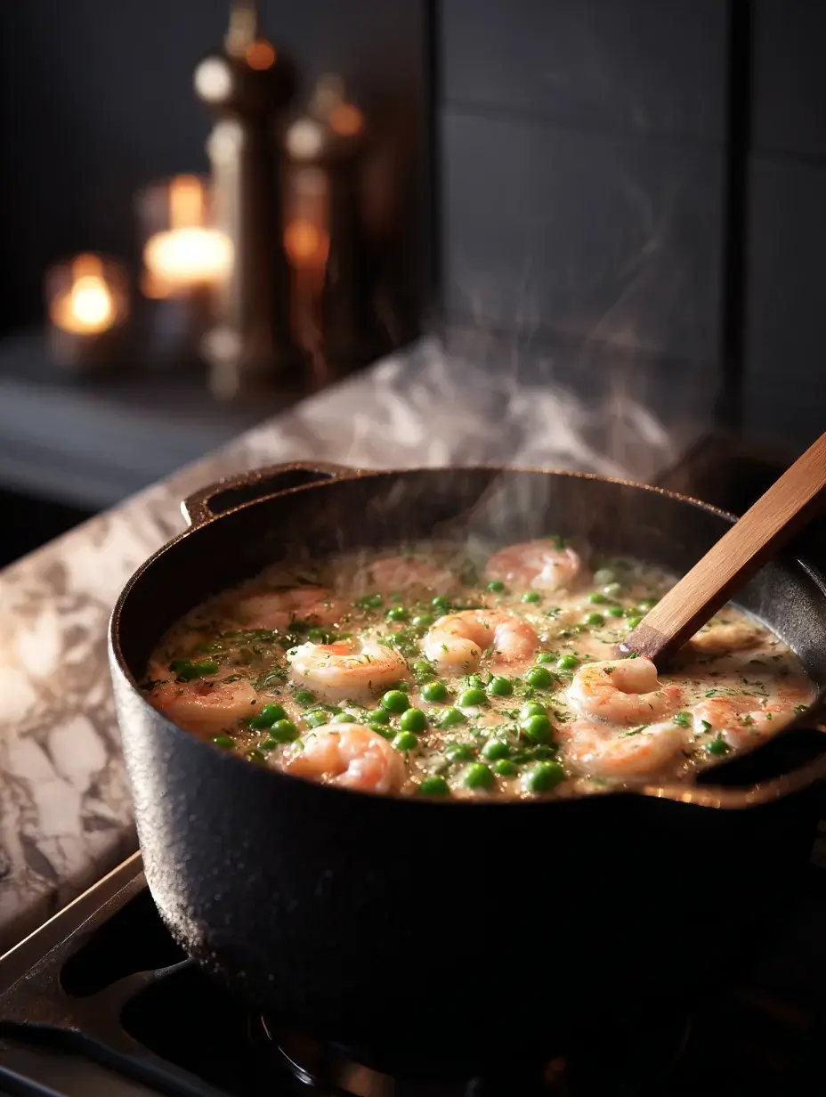 Creamy shrimp chowder simmering with peas in a pot