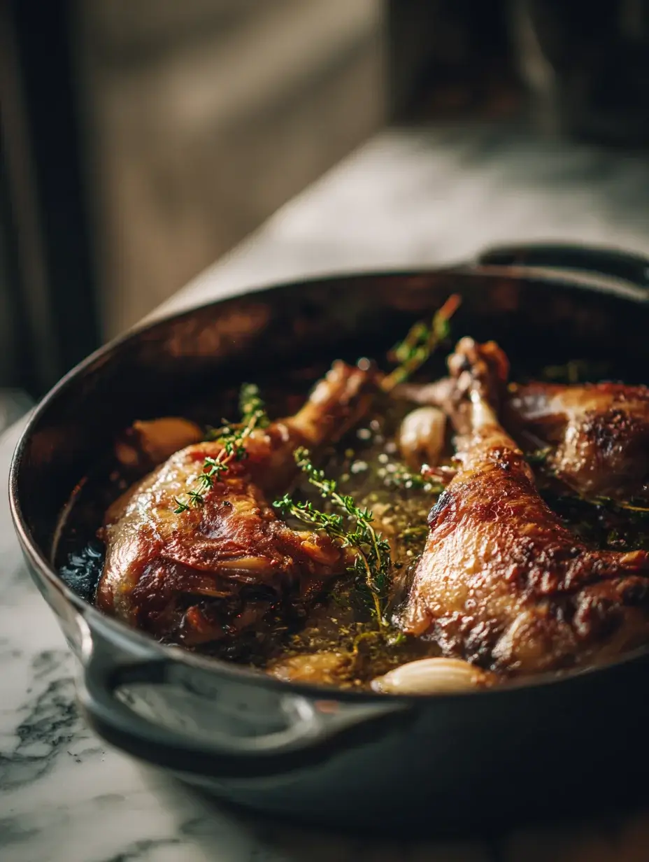 duck legs slowly cooking in duck fat with garlic and thyme in cast iron pot