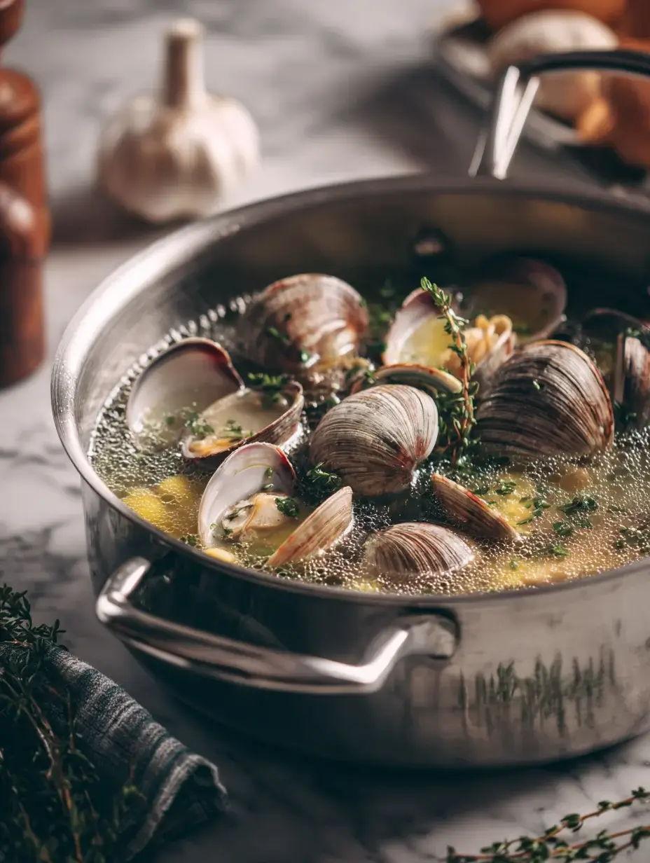 Clams cooking in broth in a pot for New England clam chowder recipe