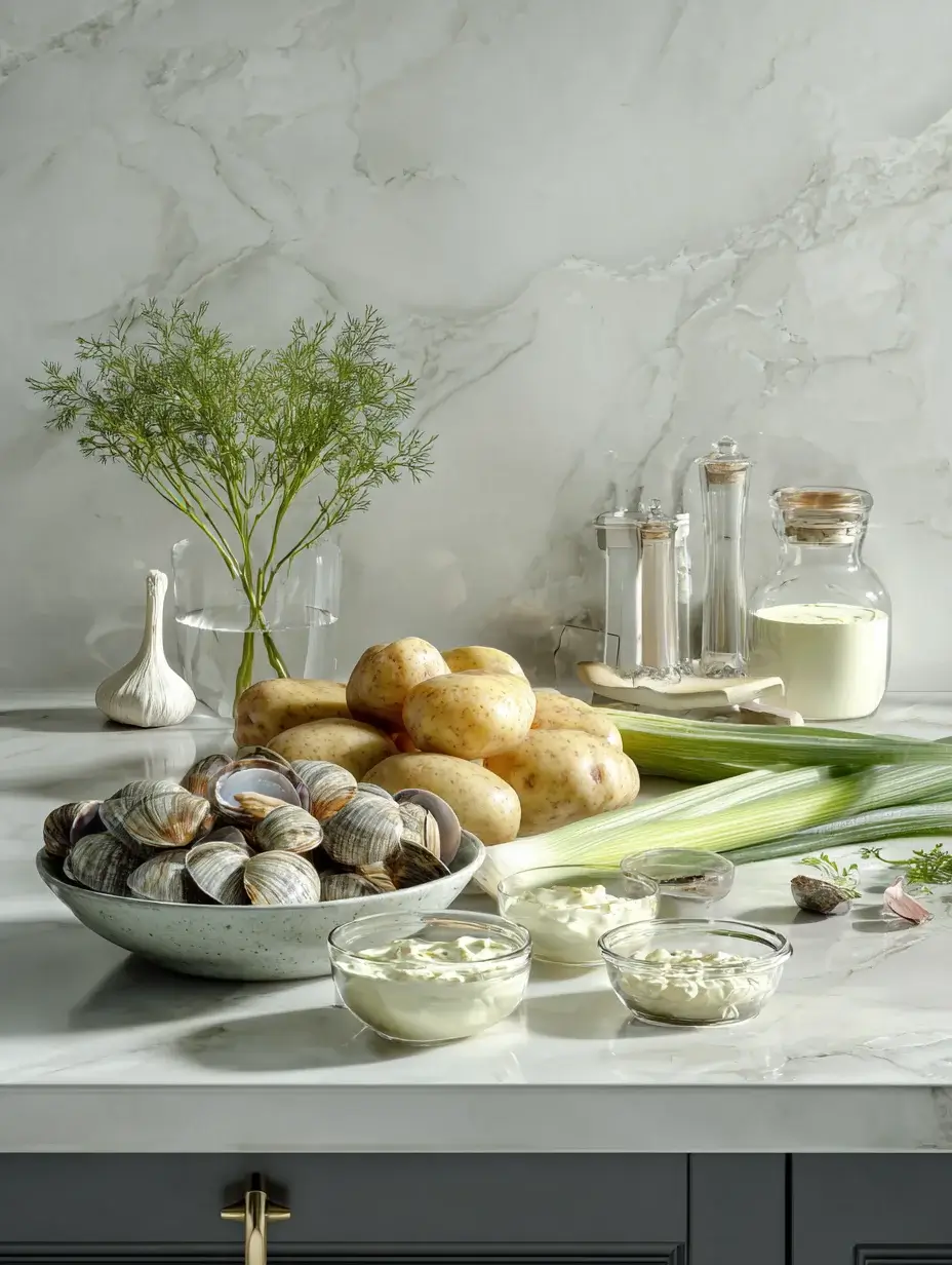 Fresh ingredients for New England clam chowder including clams, potatoes, leek, garlic, and cream