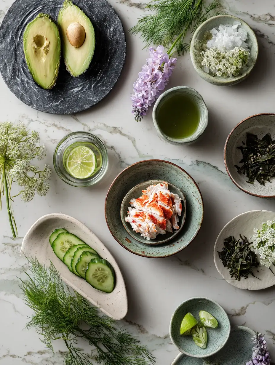 Crab avocado green tea foam ingredients arranged in bowls and plates