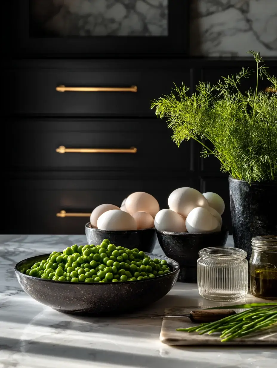 Fresh peas, eggs, dill, and olive oil on marble kitchen counter