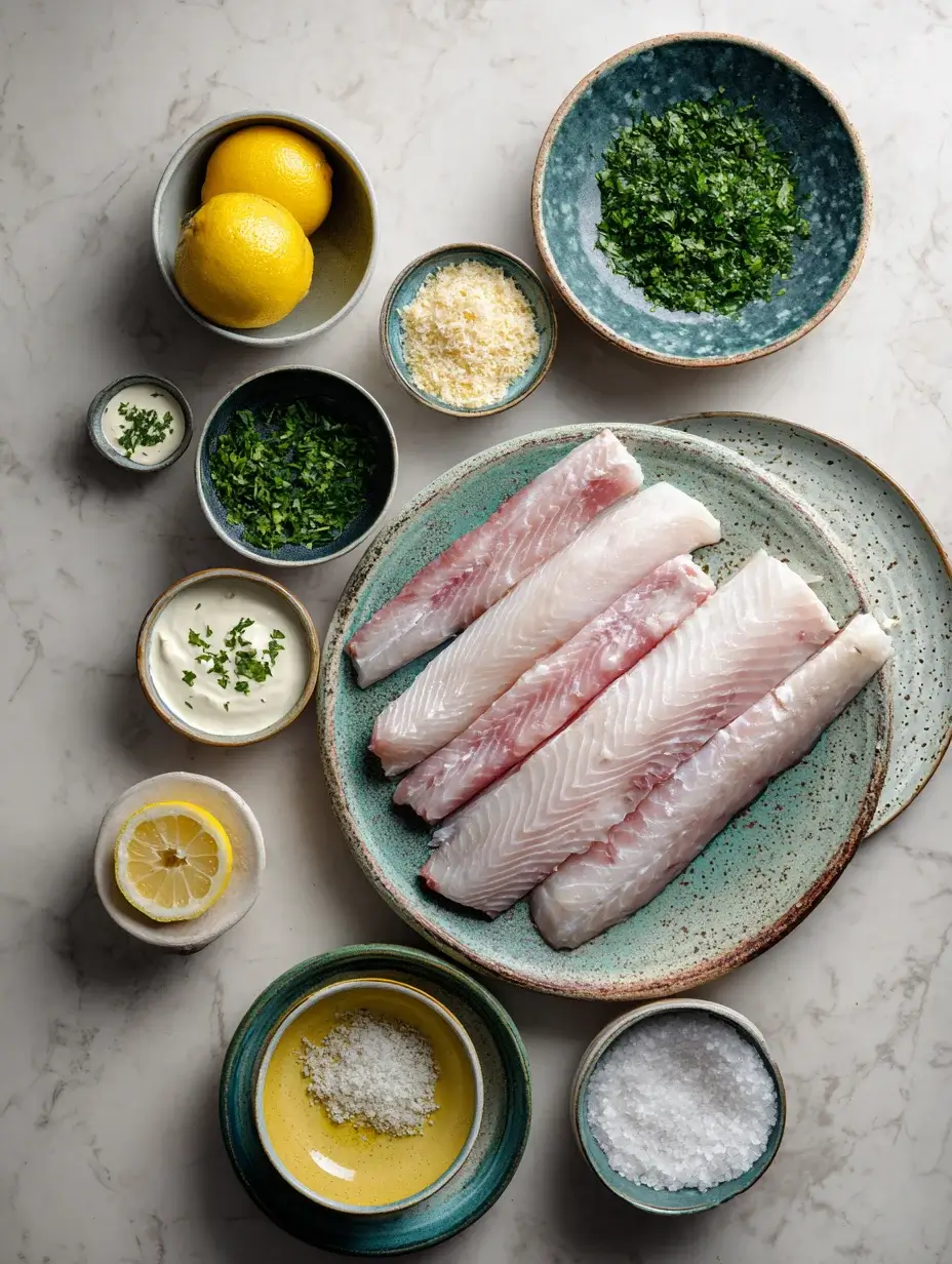 Fresh ingredients for line-caught sea bass arranged in bowls and plates