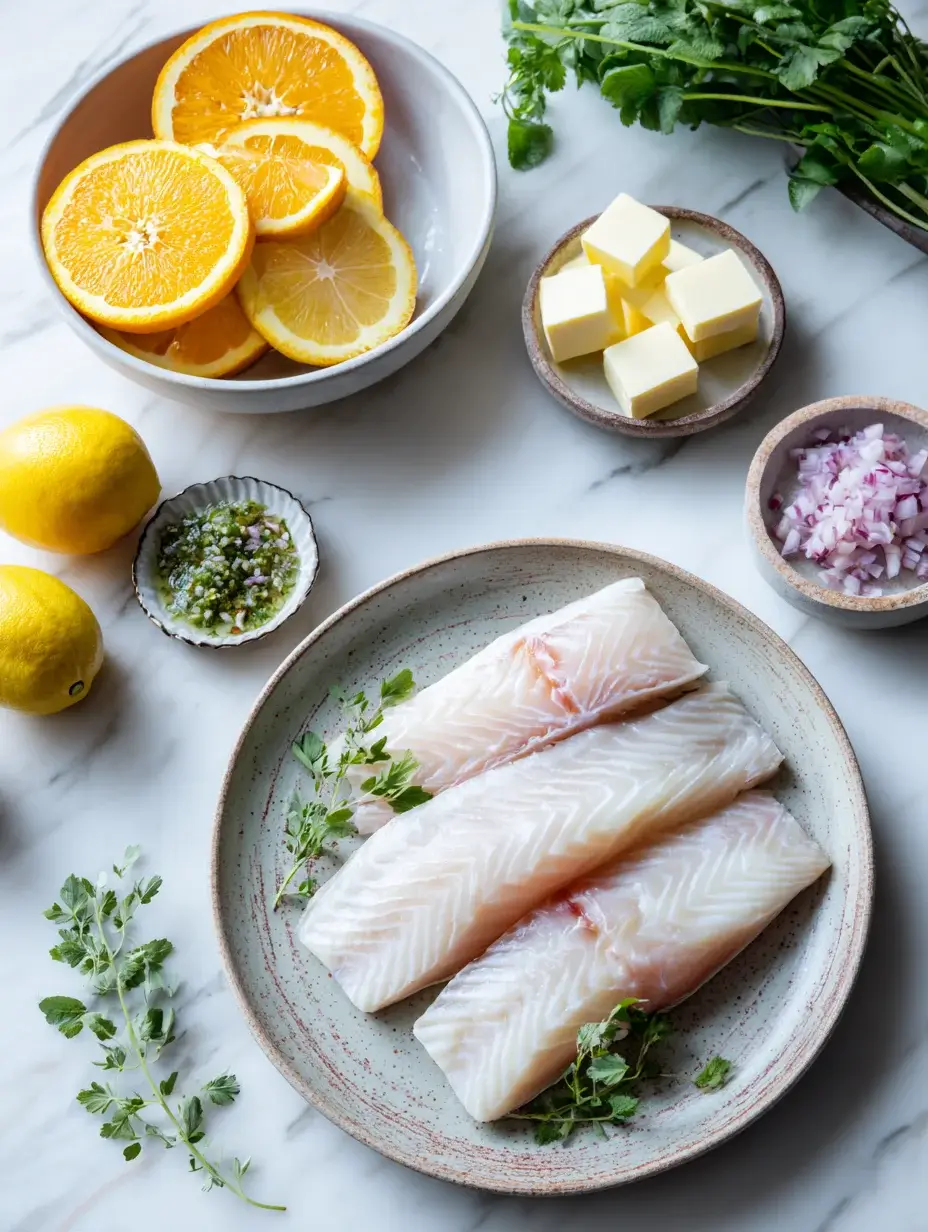Fresh sea bass fillets with citrus, butter, shallots, and herbs arranged in bowls on marble surface