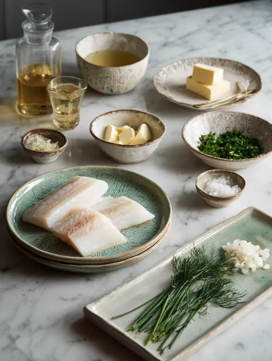 Fresh turbot fillets with ingredients arranged in bowls on marble countertop