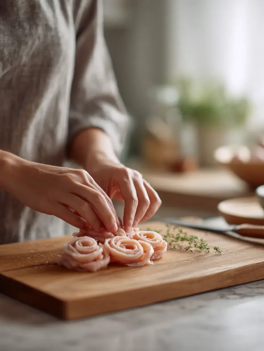 Hands shaping chicken into rose forms on a cutting board