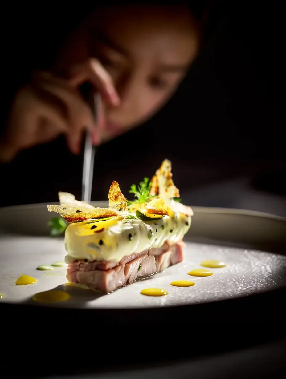 female chef adding final garnish to duck confit terrine with herb potato mousse